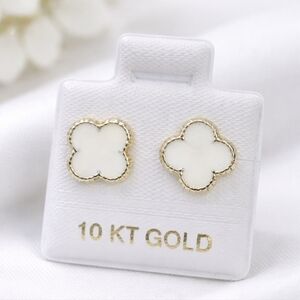 Van Four Leaf White Enamel Stud Earrings Inspired 10K Solid Gold 9mm